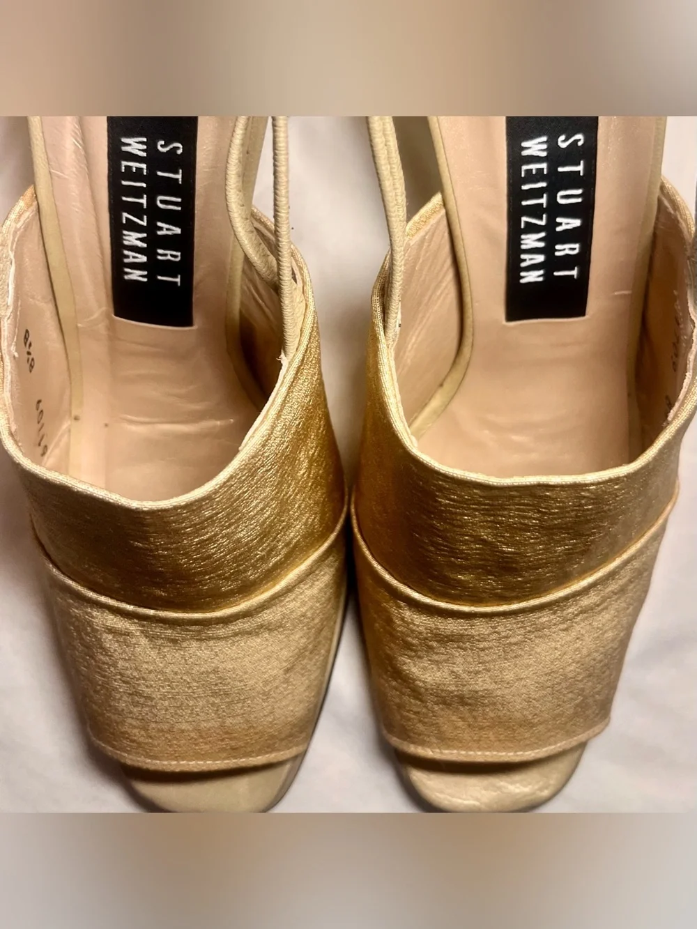 Stuart Weitzman Gold/Beige Shimmer Slingback, Block Heel, Peep-toe, Vintage Y2K